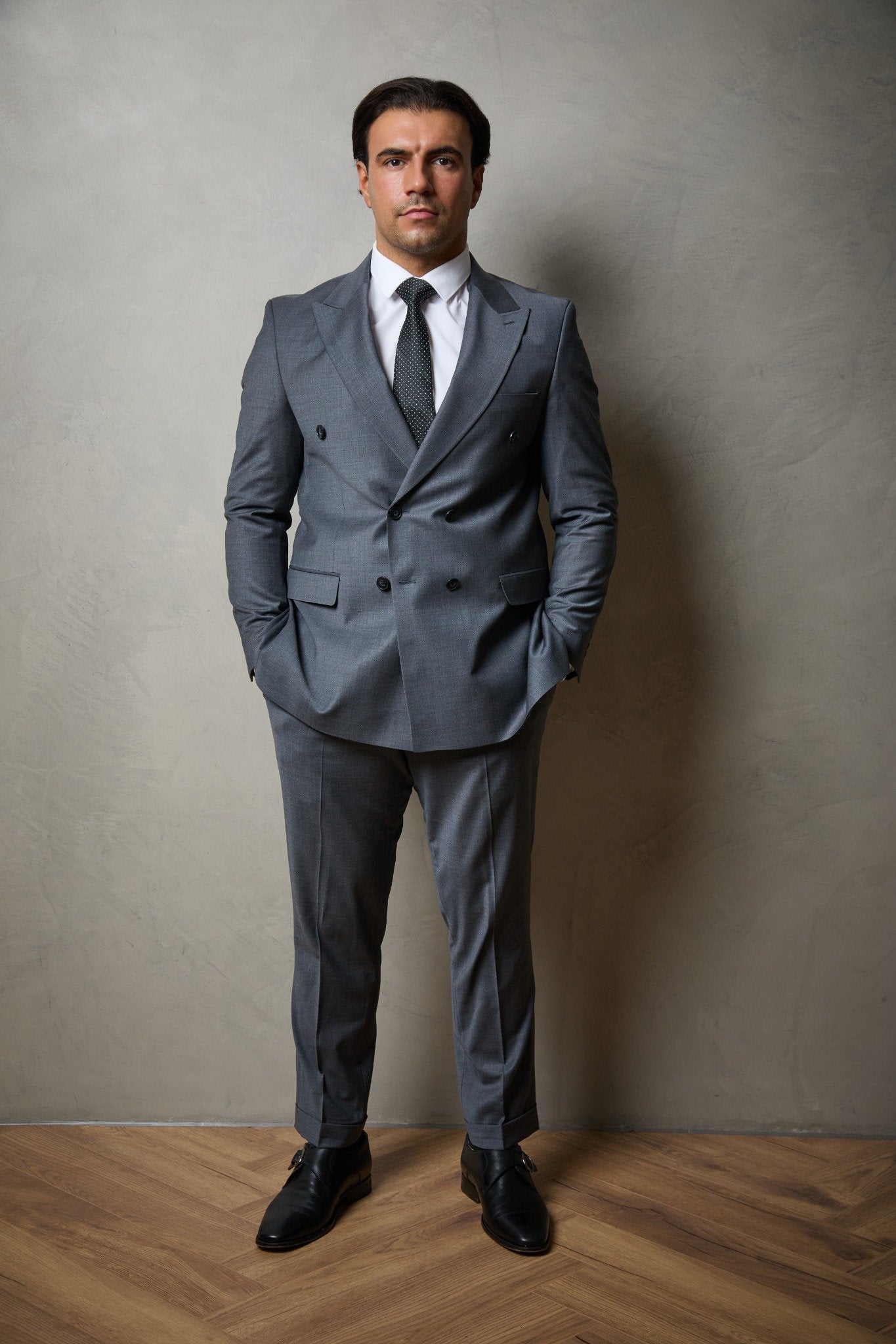 Steel Grey Tailored Double Breasted Wool Suit